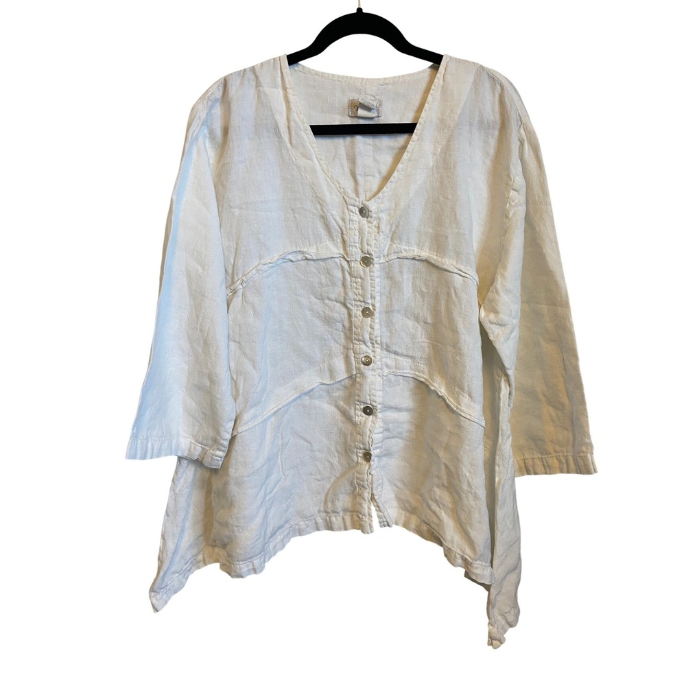 Mosaic USA White 100% Linen Button Front Top XL Boho Handkerchief Hem